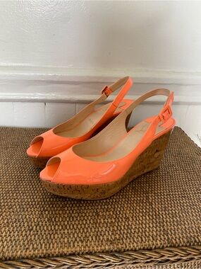Christian Louboutin Coral Patent Leather Cork Wedge Slingback Peep-Toe